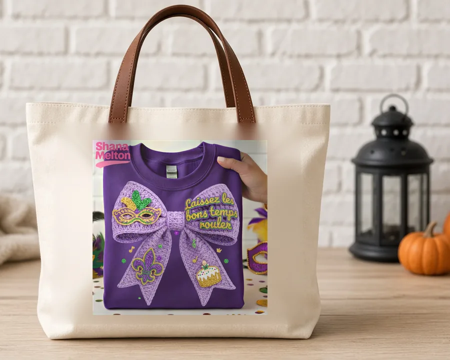 Mardi Gras Coquette Bow PNG design on a canvas tote bag