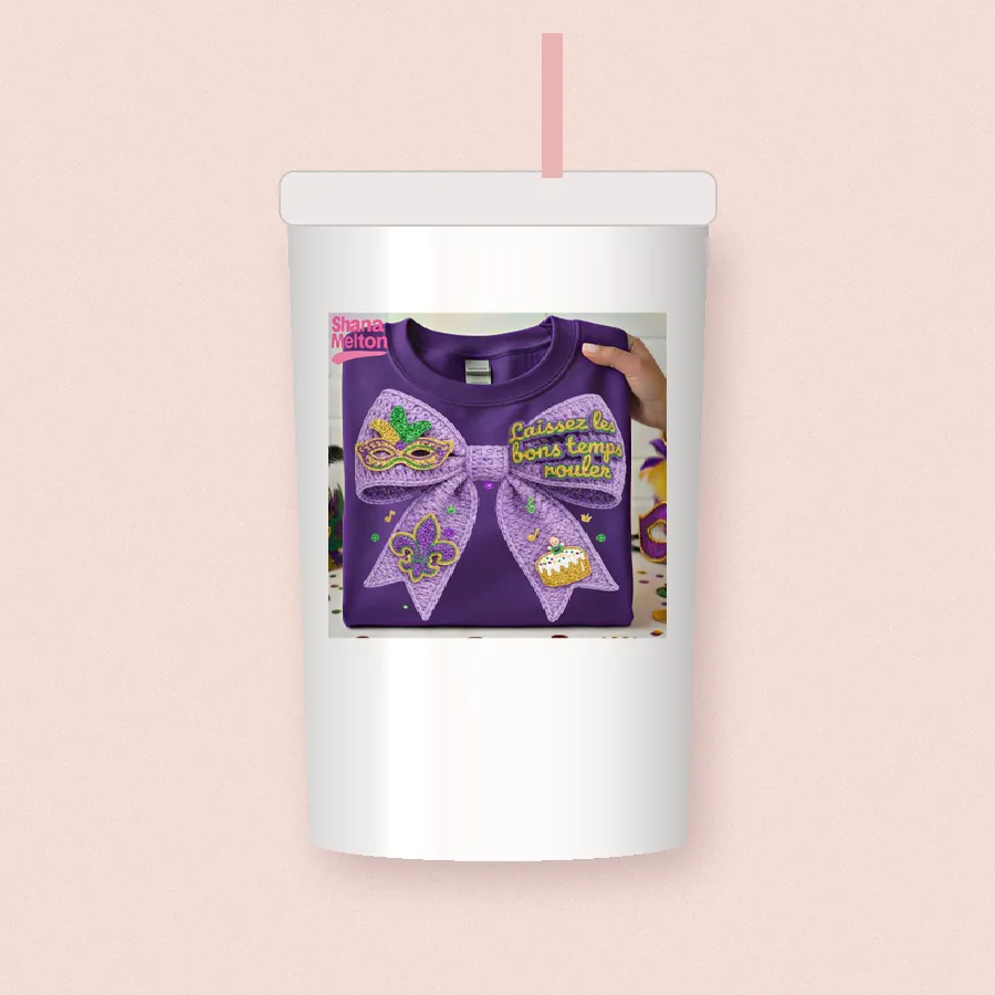 Mardi Gras Coquette Bow sublimation design on a skinny tumbler