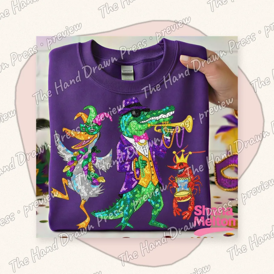 Mardi Gras Gator Trumpet hand drawn PNG design