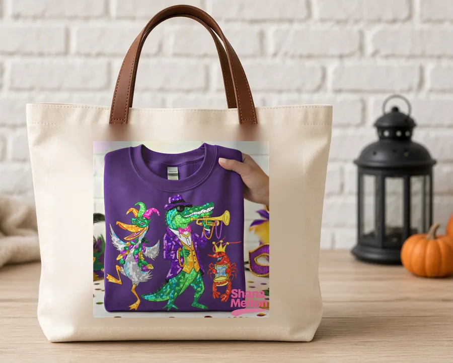 Mardi Gras Gator Trumpet PNG design on a canvas tote bag