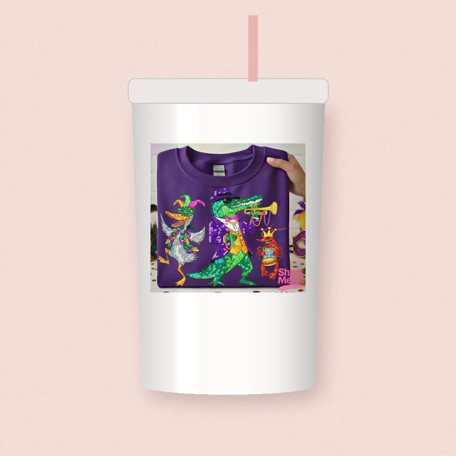Mardi Gras Gator Trumpet sublimation design on a skinny tumbler
