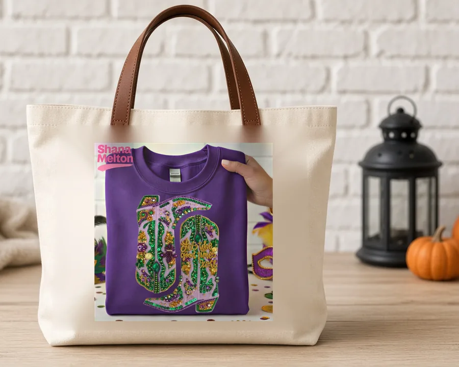Mardi Gras Glitter Boots PNG design on a canvas tote bag