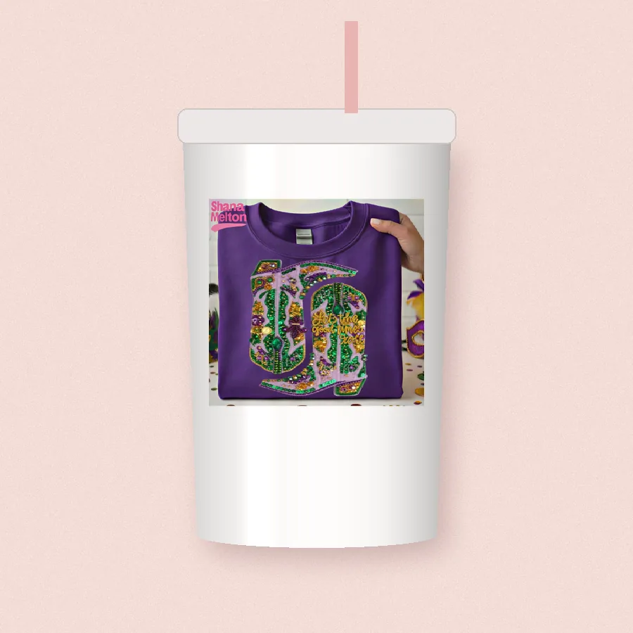 Mardi Gras Glitter Boots sublimation design on a skinny tumbler