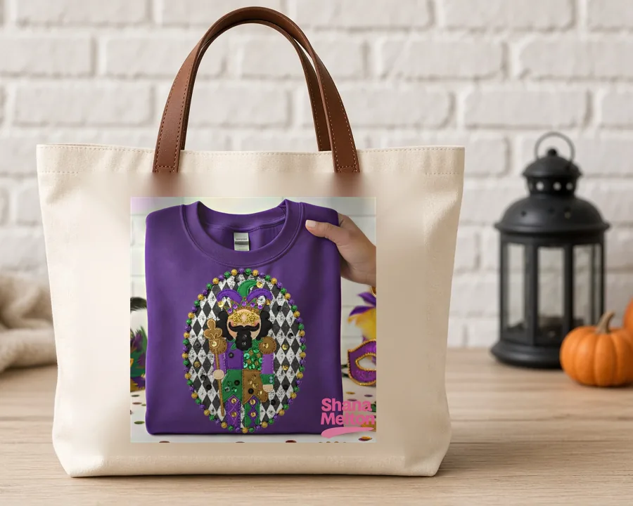 Mardi Gras Harlequin Doll PNG design on a canvas tote bag