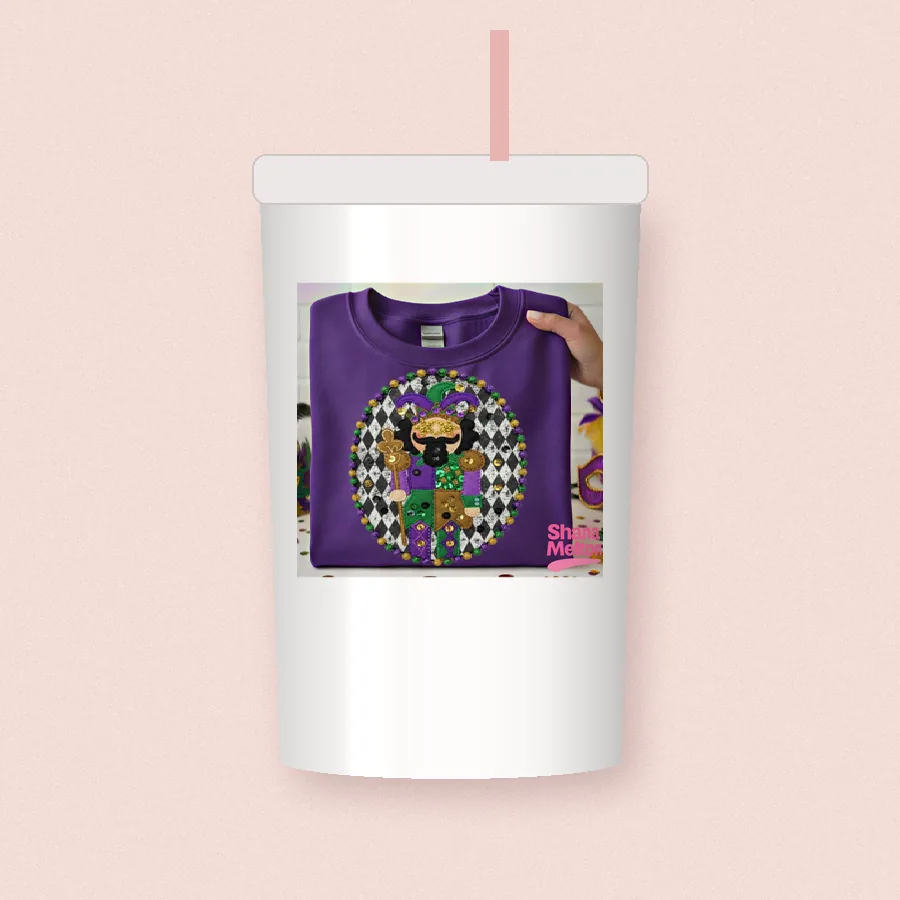 Mardi Gras Harlequin Doll sublimation design on a skinny tumbler
