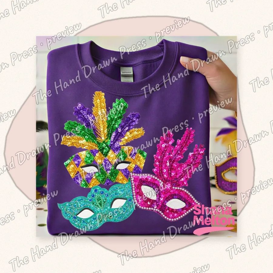 Mardi Gras Masks and Feathers hand drawn PNG design