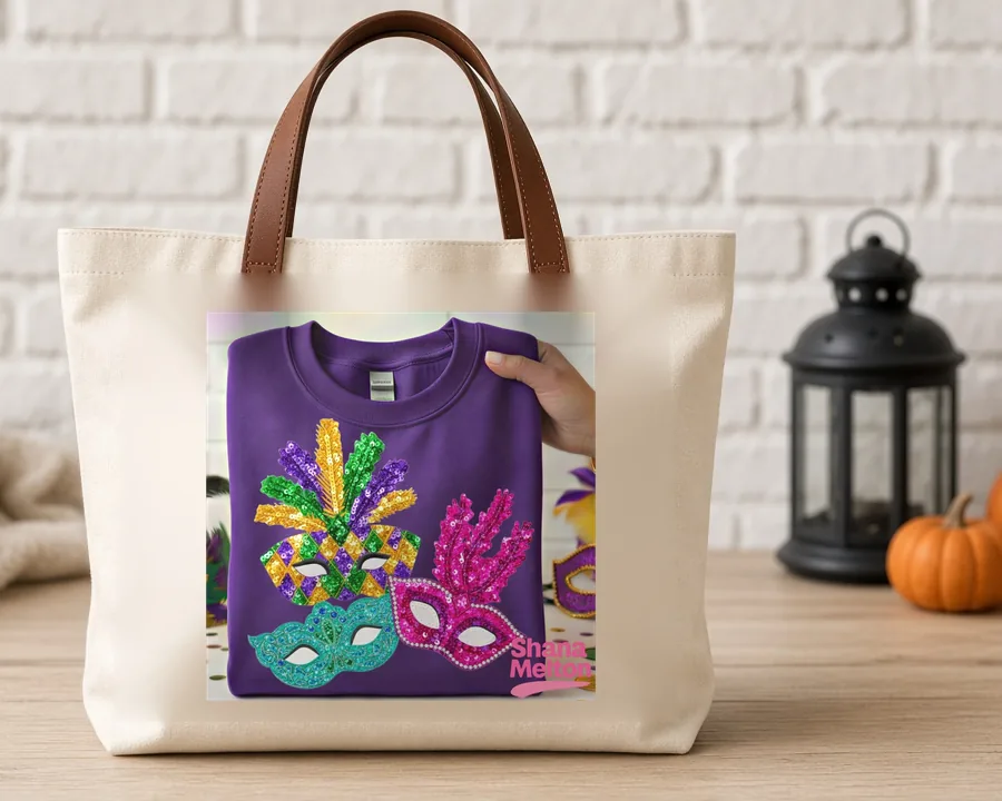 Mardi Gras Masks and Feathers PNG design on a canvas tote bag