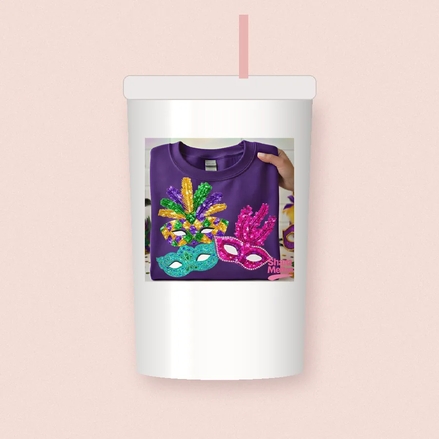 Mardi Gras Masks and Feathers sublimation design on a skinny tumbler