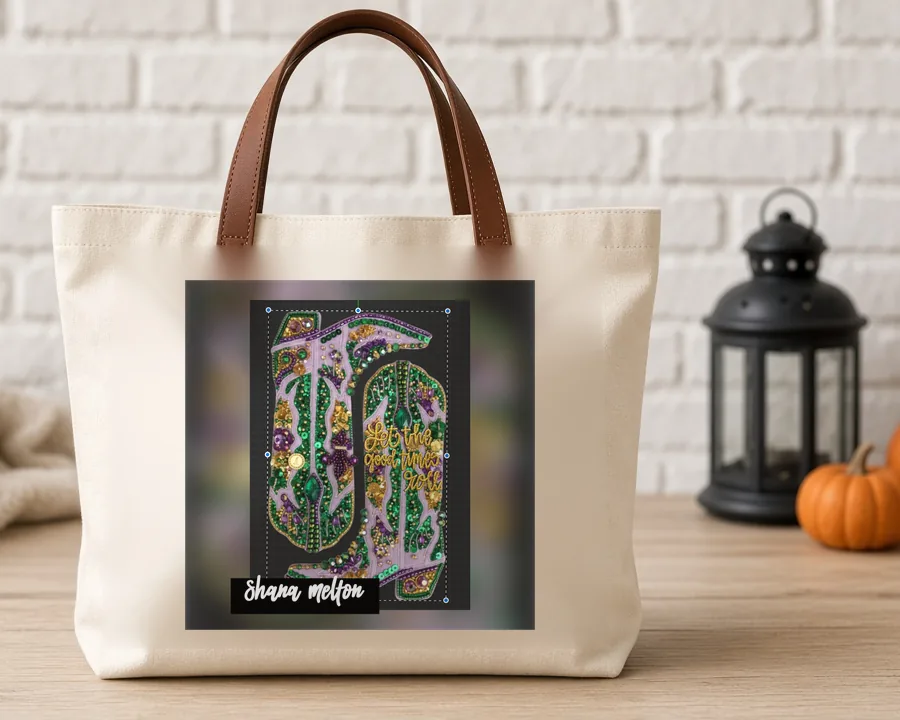 Mardi Gras Sequin Boot PNG design on a canvas tote bag