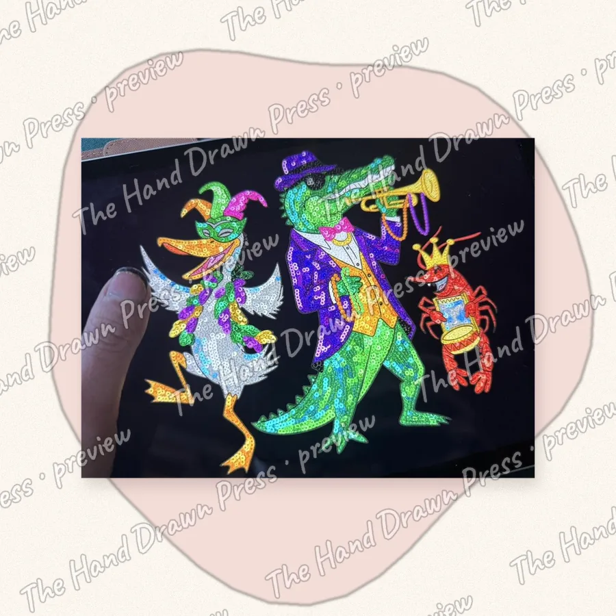 Mardi Gras Sequin Gator Band hand drawn PNG design