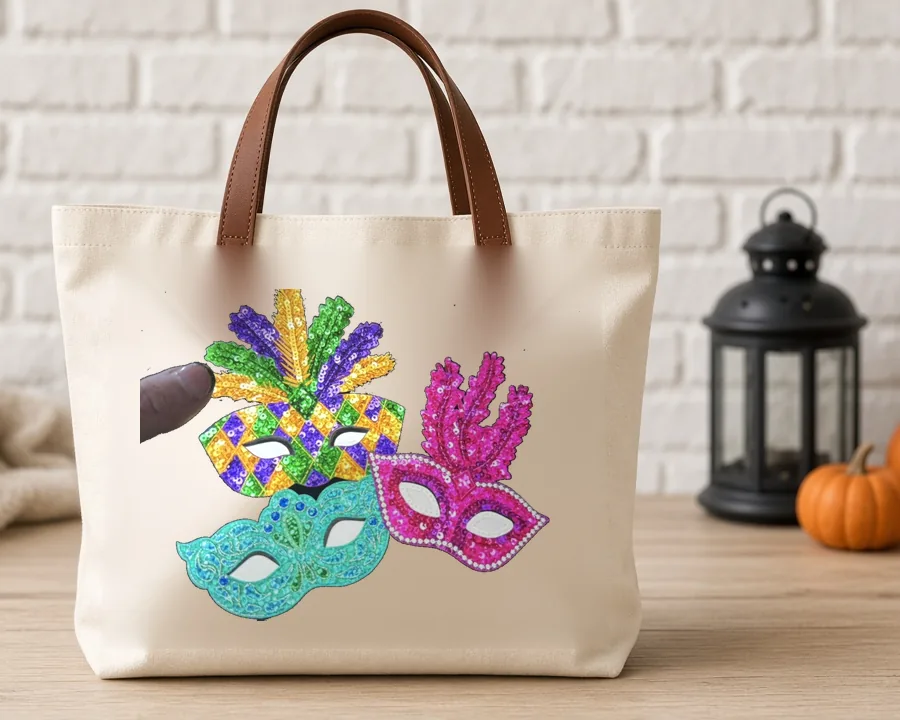 Mardi Gras Sequin Masks design on a cotton tote bag