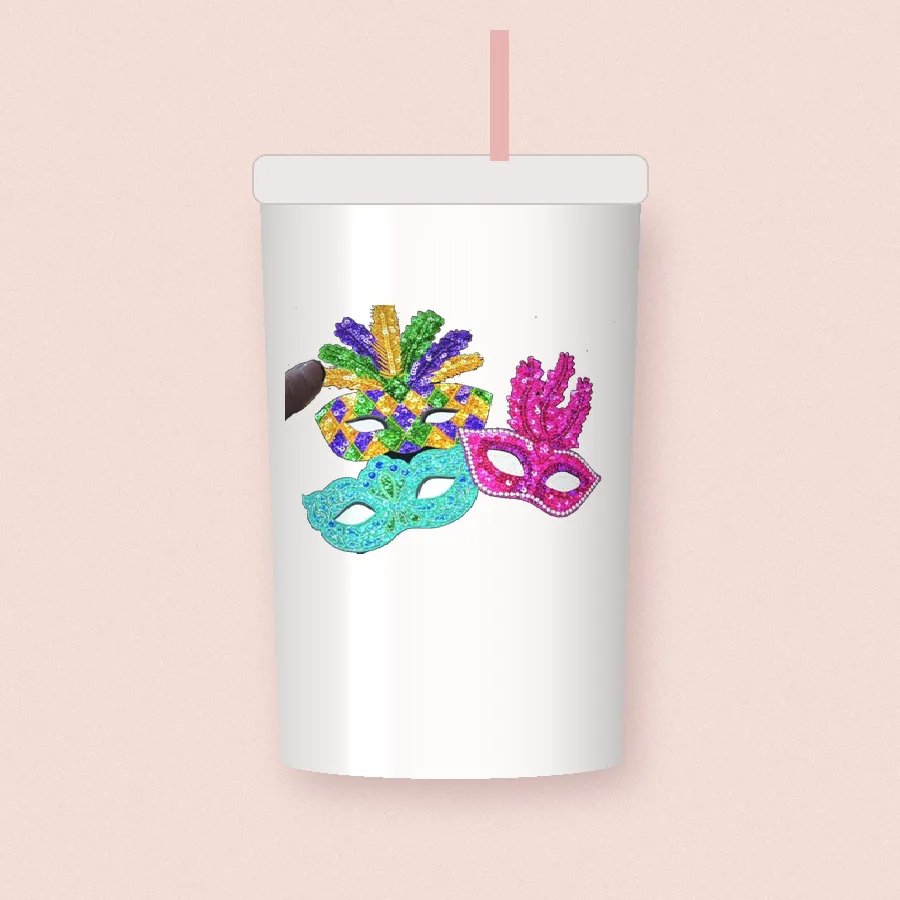 Mardi Gras Sequin Masks design on a 20 oz tumbler