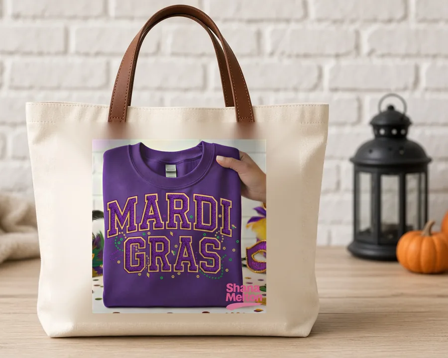 Mardi Gras Varsity Letters PNG design on a canvas tote bag