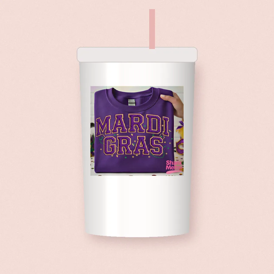 Mardi Gras Varsity Letters sublimation design on a skinny tumbler