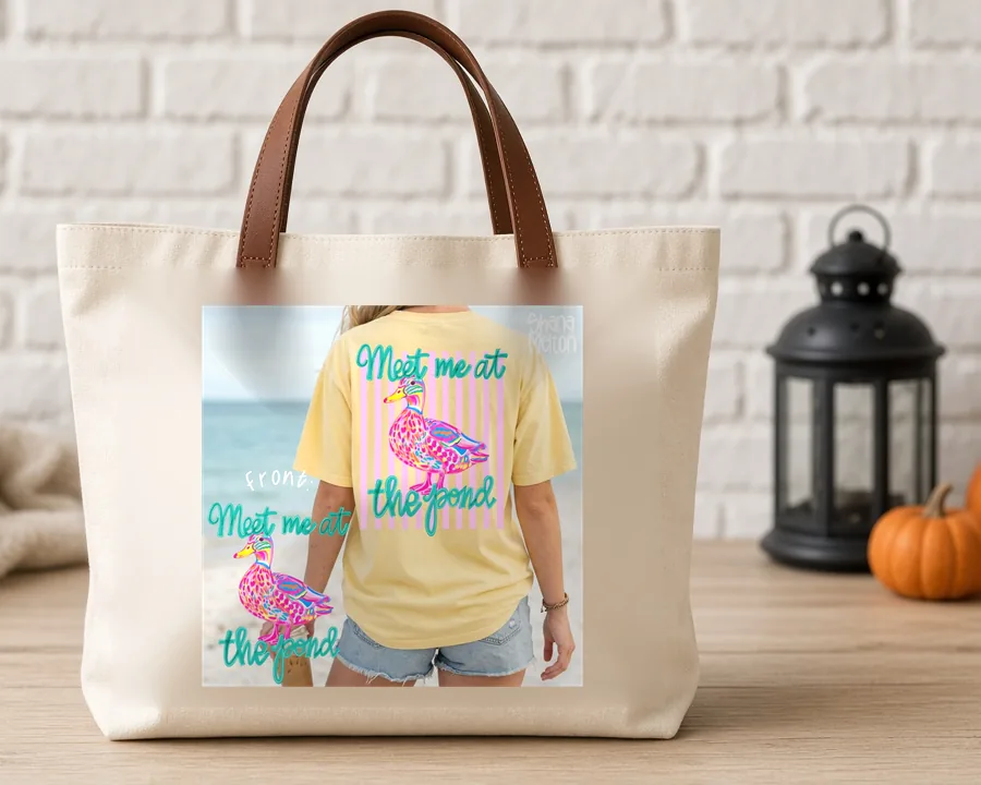 Meet Me at the Beach PNG design on a canvas tote bag