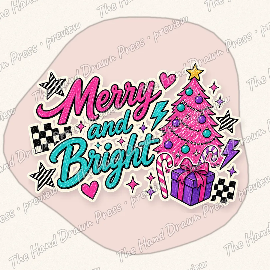 Merry and Bright Christmas hand drawn PNG design