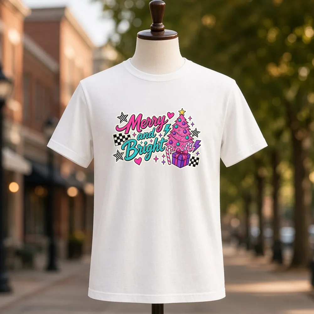Merry and Bright Christmas PNG on a white t-shirt