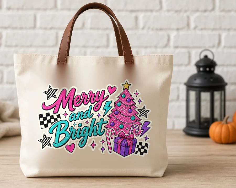 Merry and Bright Christmas PNG design on a canvas tote bag
