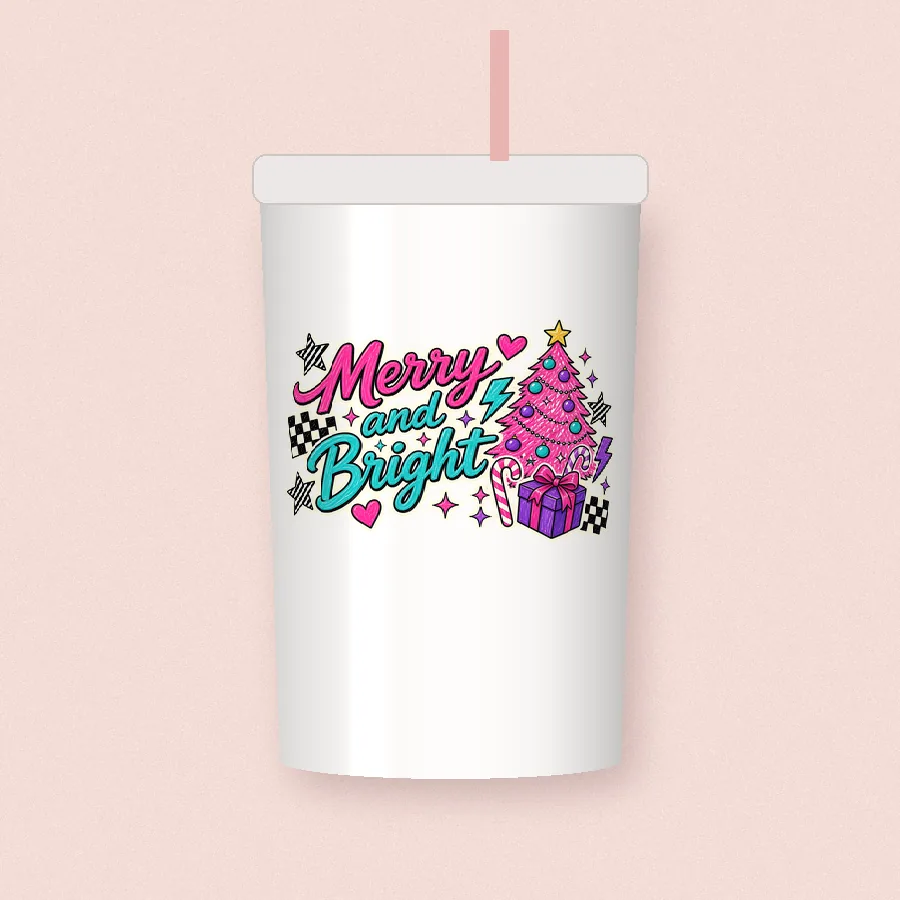 Merry and Bright Christmas sublimation design on a skinny tumbler