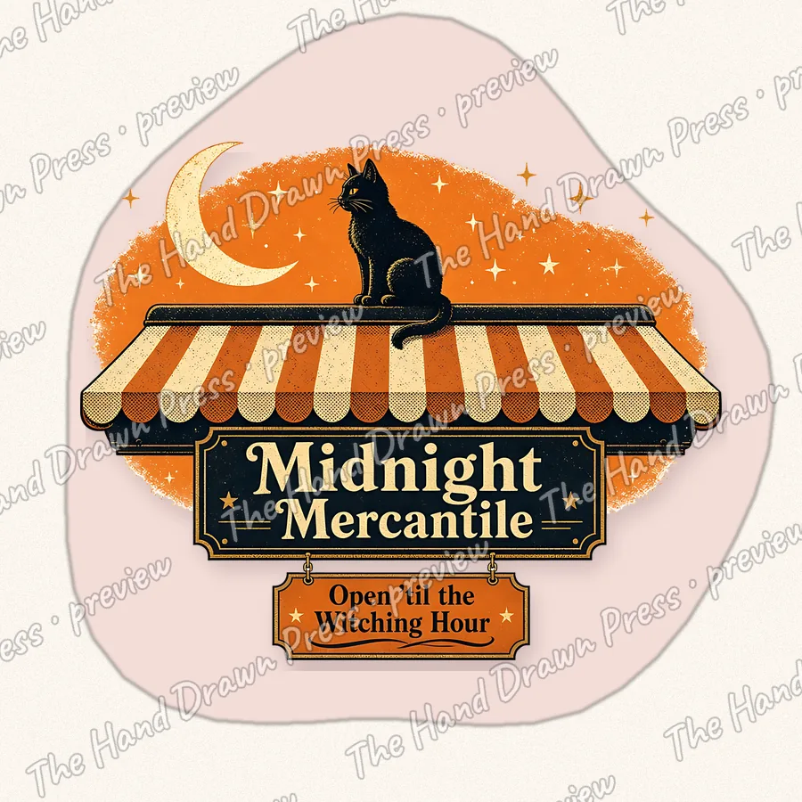 Midnight Mercantile Black Cat hand drawn PNG design