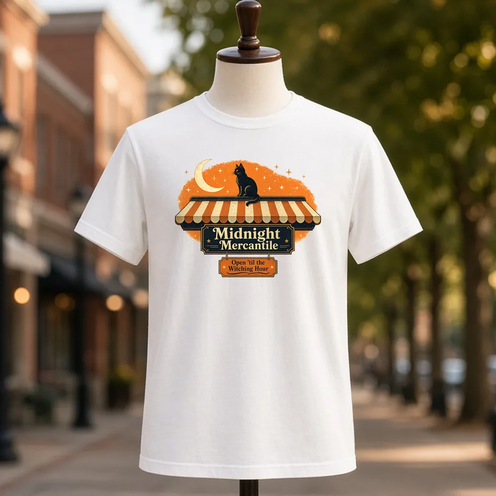 Midnight Mercantile Black Cat PNG on a white t-shirt