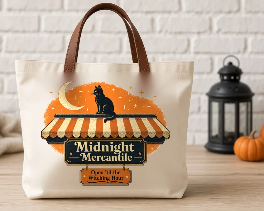 Midnight Mercantile Black Cat PNG design on a canvas tote bag