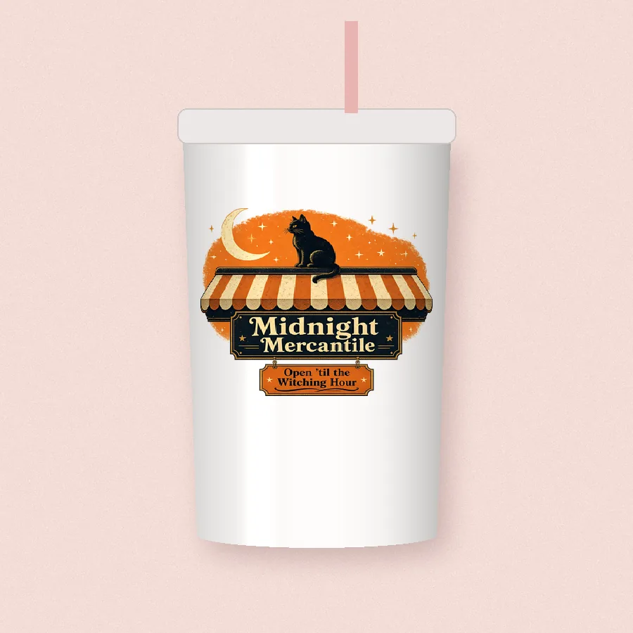 Midnight Mercantile Black Cat sublimation design on a skinny tumbler