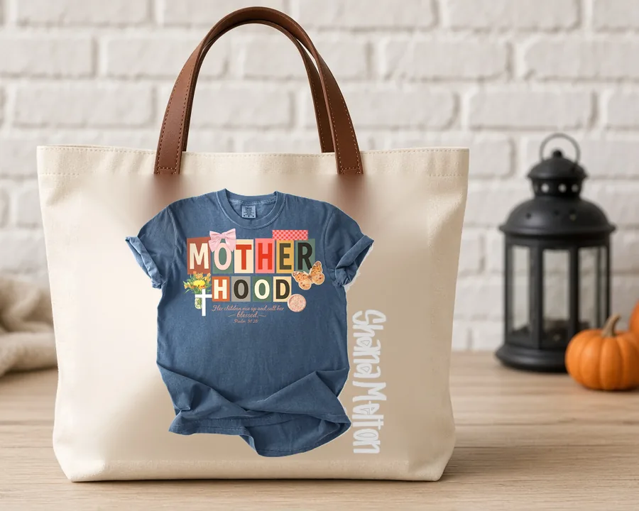 Motherhood Collage design on a cotton tote bag