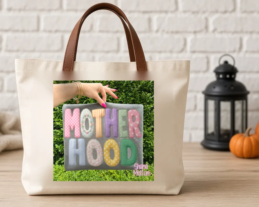 Motherhood Crochet Letters PNG design on a canvas tote bag