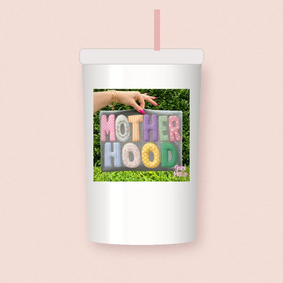Motherhood Crochet Letters sublimation design on a skinny tumbler