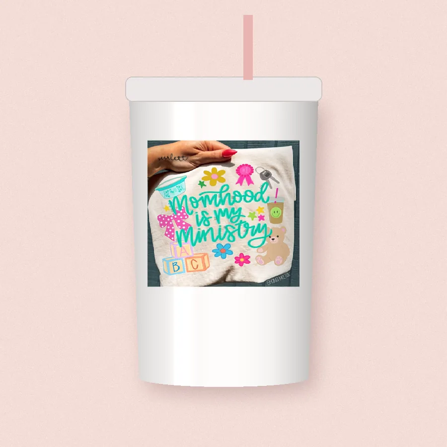 Motherhood Is My Ministry sublimation design on a skinny tumbler