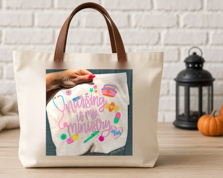 Nursing Is My Ministry PNG design on a canvas tote bag