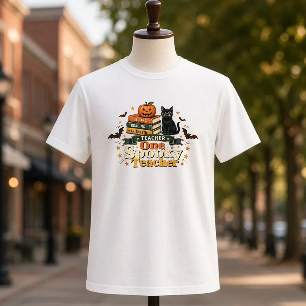 One Spooky Teacher PNG on a white t-shirt