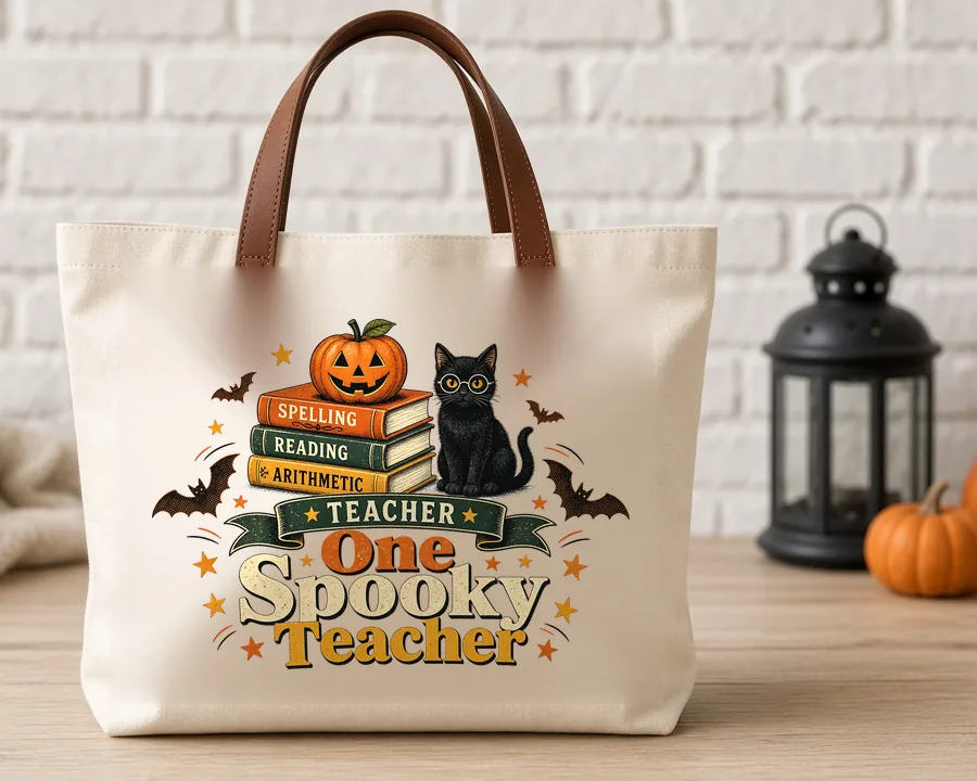One Spooky Teacher PNG design on a canvas tote bag