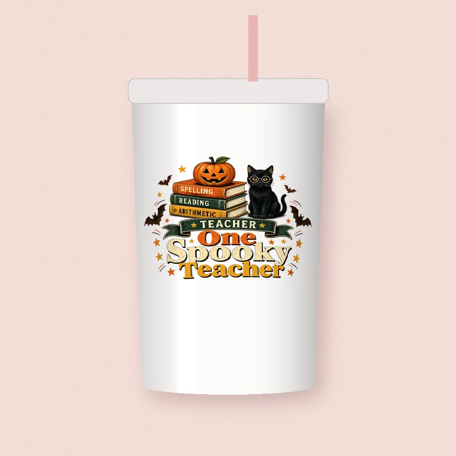 One Spooky Teacher sublimation design on a skinny tumbler