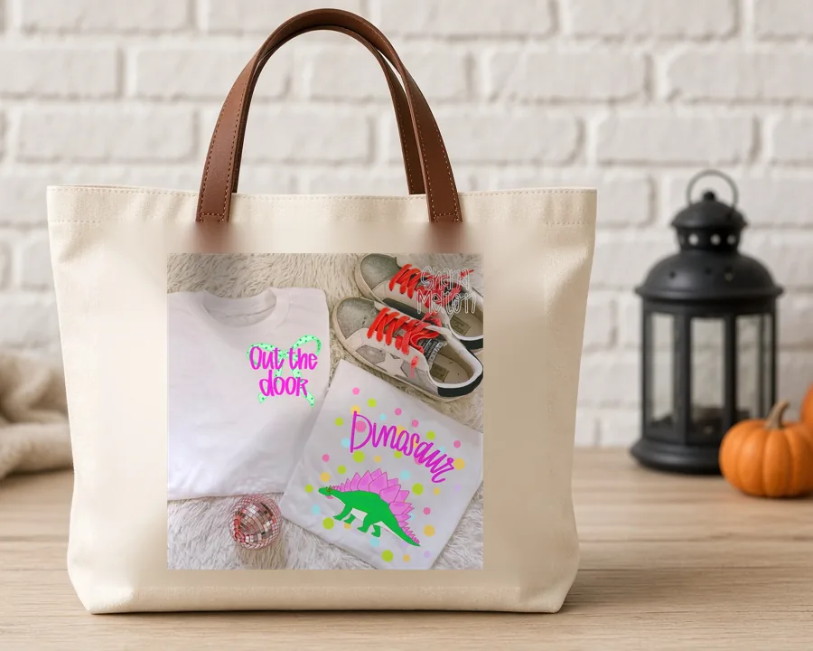Out the Door Dinosaur PNG design on a canvas tote bag