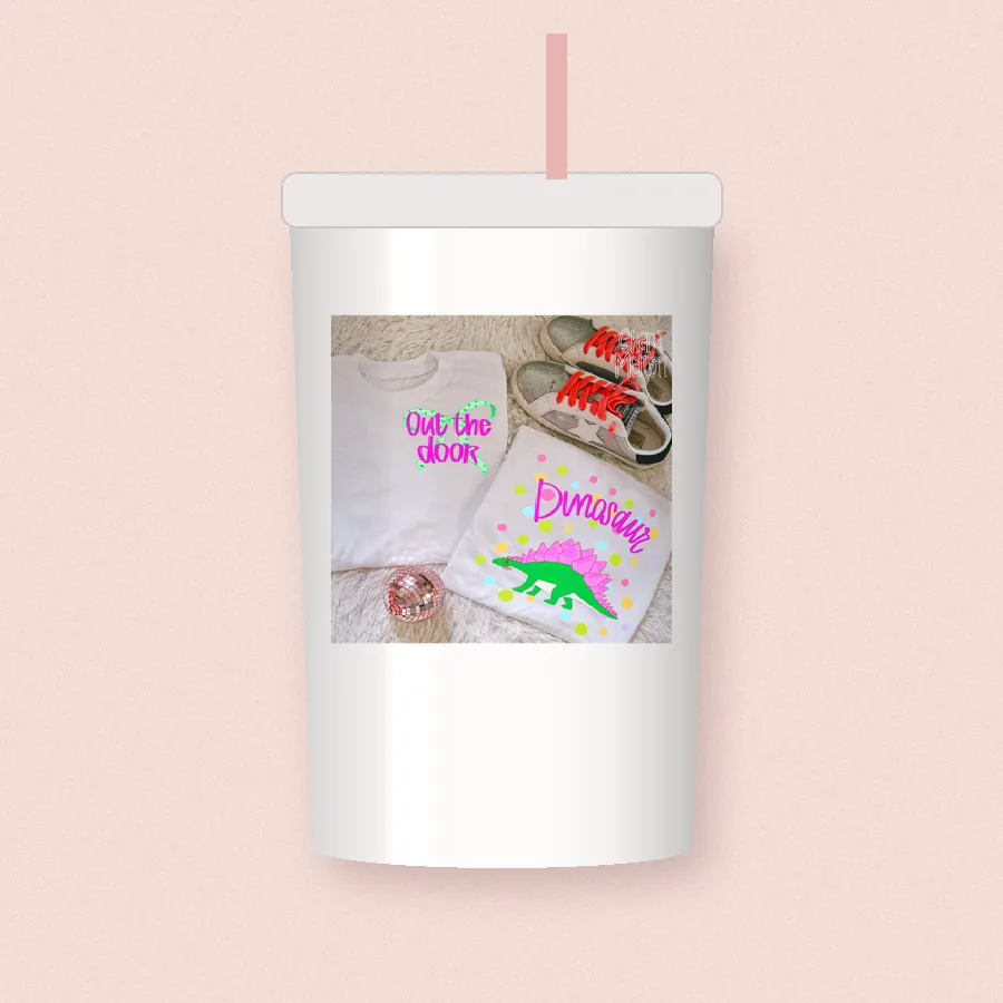 Out the Door Dinosaur sublimation design on a skinny tumbler