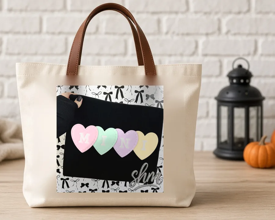 Pastel Candy Hearts Mama PNG design on a canvas tote bag