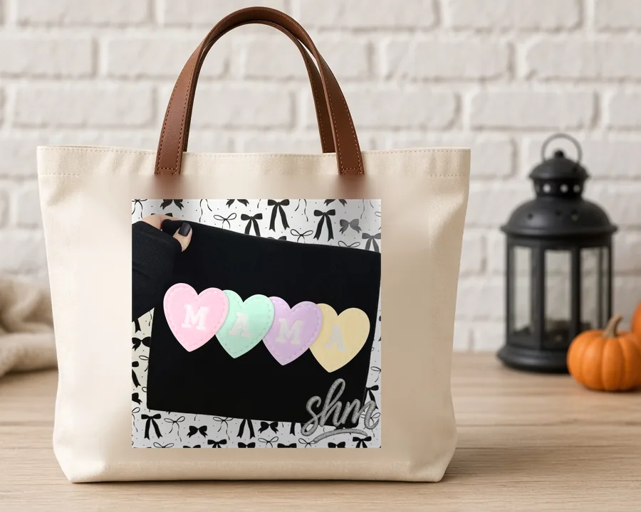 Pastel Candy Hearts PNG design on a canvas tote bag