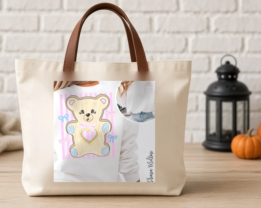 Pastel Teddy Bear Back PNG design on a canvas tote bag
