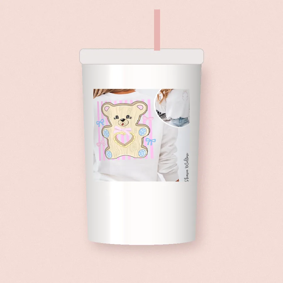 Pastel Teddy Bear Back sublimation design on a skinny tumbler