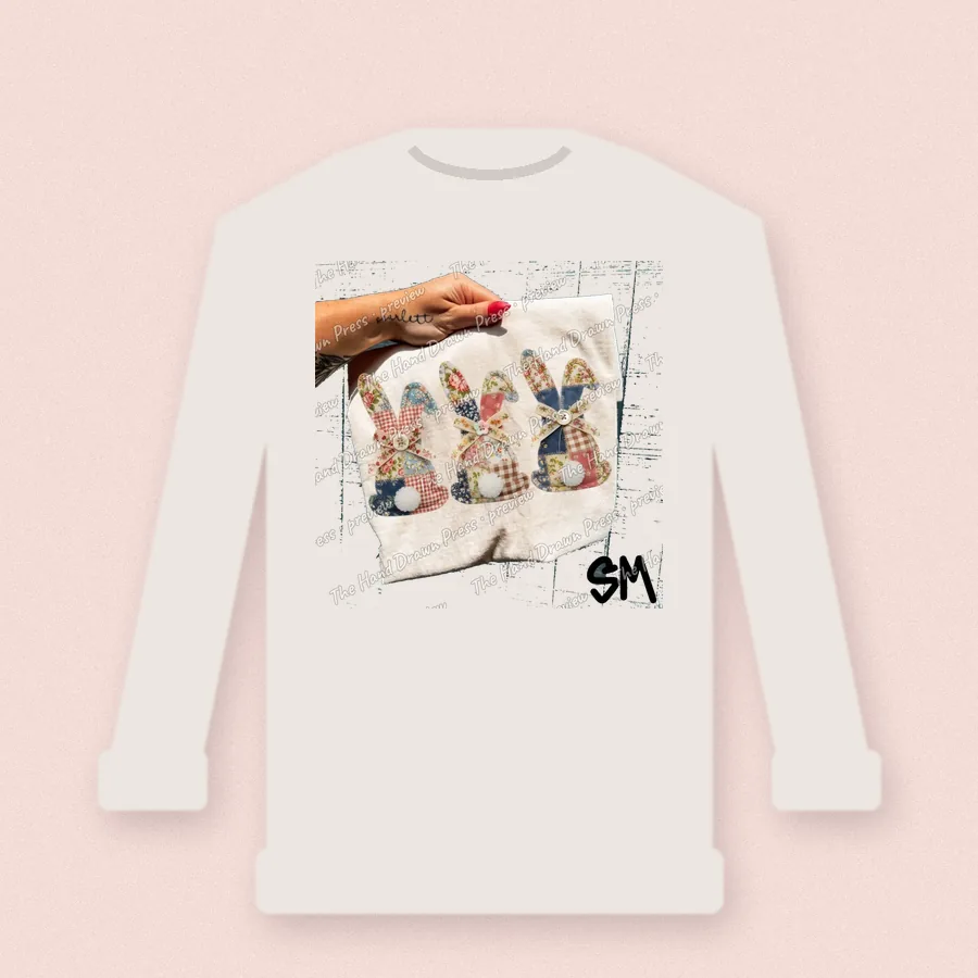 Patchwork Bunnies design on a crewneck sweatshirt