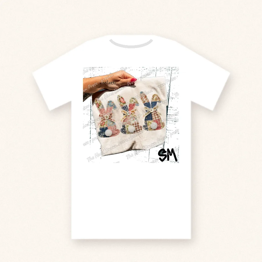 Patchwork Bunnies design on a unisex t-shirt