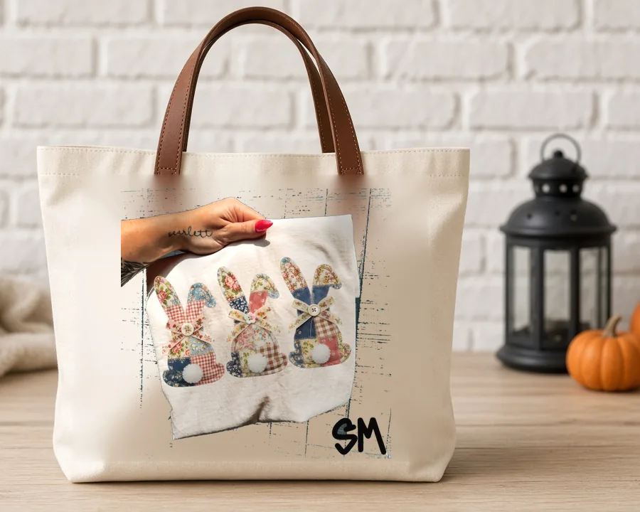 Patchwork Bunnies design on a cotton tote bag