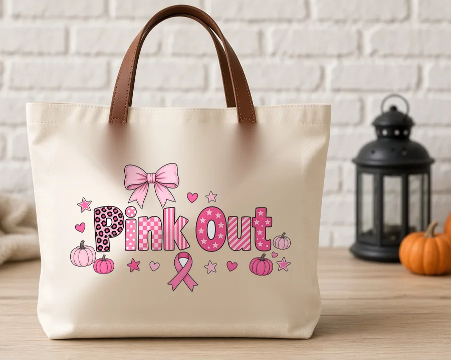 Pink Out Leopard Bow PNG design on a canvas tote bag