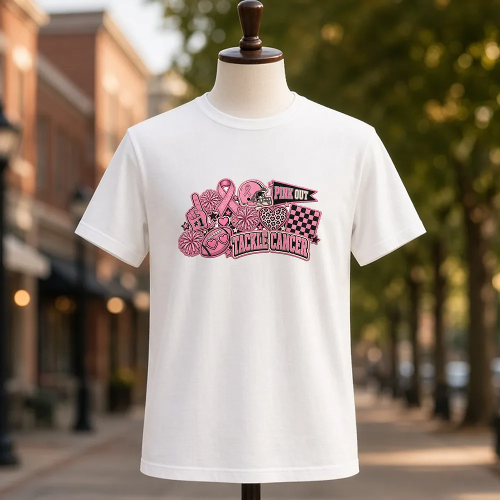 Pink Out Tackle Cancer PNG on a white t-shirt