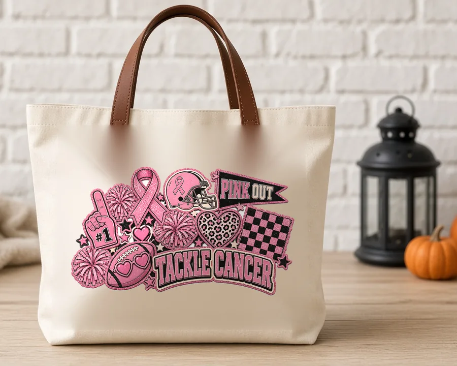 Pink Out Tackle Cancer PNG design on a canvas tote bag