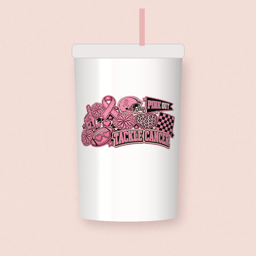 Pink Out Tackle Cancer sublimation design on a skinny tumbler