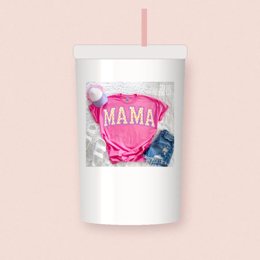 Pink Varsity Mama sublimation design on a skinny tumbler