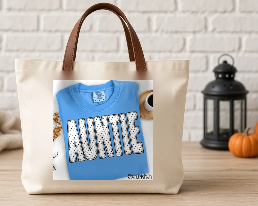 Polka Dot Auntie PNG design on a canvas tote bag